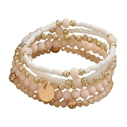 Bohemian Handmade Crystal Seed Beads Disc Pendant Colorful Multilayered Elastic Bracelets Stackable Stretch Strand Bangles Friendship Summer Beach Jewelry for Women - color: beige