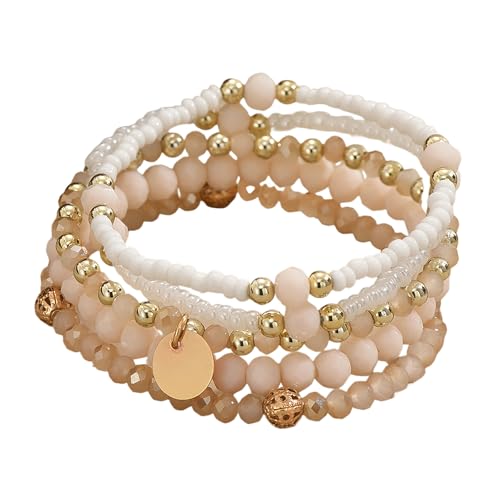 Bohemian Handmade Crystal Seed Beads Disc Pendant Colorful Multilayered Elastic Bracelets Stackable Stretch Strand Bangles Friendship Summer Beach Jewelry for Women - color: beige