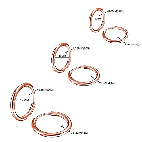 Osayia 316L Surgical Stainless Steel Small Hoop Earrings 8mm 10mm 12mm Hypoallergenic Huggie Thin Hoop Earrings Helix Lobes Hinged Sleeper Earrings Men Women for Cartilage Piercings - color: I: Rose Gold (Diameter 8mm/10mm/12mm),3 Pairs