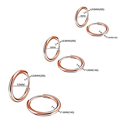 Osayia 316L Surgical Stainless Steel Small Hoop Earrings 8mm 10mm 12mm Hypoallergenic Huggie Thin Hoop Earrings Helix Lobes Hinged Sleeper Earrings Men Women for Cartilage Piercings - color: I: Rose Gold (Diameter 8mm/10mm/12mm),3 Pairs