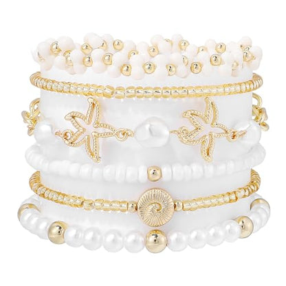 Summer Surfer Heishi Bracelet Set for Women Stackable Gold Plated Clay Ploymer Bead Stretch Pink Beach Layering Bracelets Jewelry - color: A-Starfish bracelet 6pcs