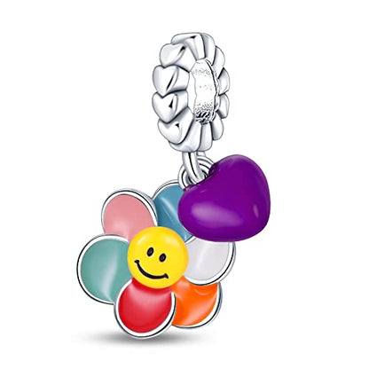 Pandach 925 Sterling Silver Charms for Bracelets and Necklaces Travel Round The World Beads Charms Relaxation Dangle Pendant,Jewelry Beads Gifts for Women - style: Sunflower and color chang heart Charm