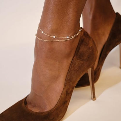 Gold Ankle Bracelets for Women,Dainty 14K Gold Plated Anklets for Women Waterproof Herringbone Beaded Satellite Anklets Set Layered Anklet Bracelets for Women Gold Jewelry Gift - color: Set 8