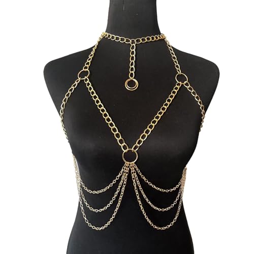 Summer Beach Metal Link Chain Bra Body Jewelry Sexy Multi-layered Crossover Harness Chest Chain Festival Bikini Waist Chain Body Jewelry for Women - color: Gold