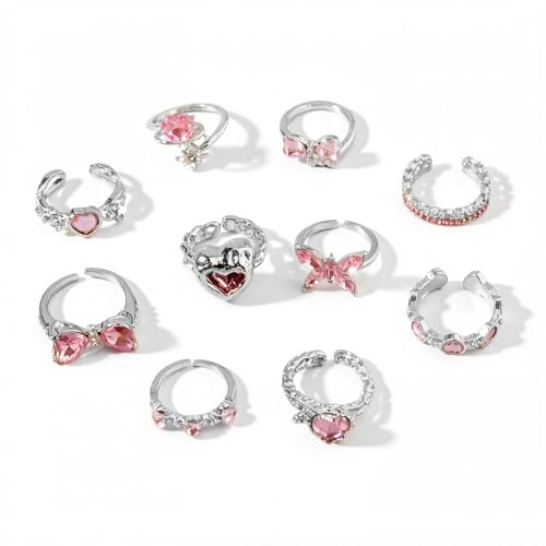 10pcs Sparkly Crystal Love Heart Ring Set for Women Adjustable Bowknot Butterfly Finger Ring Stackable Pink Rhinestone Heart Open Ring Jewelry Gifts - color: Silver