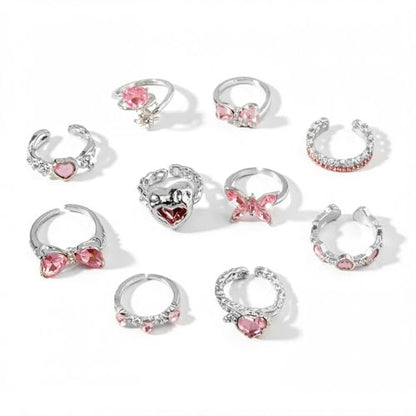 10pcs Sparkly Crystal Love Heart Ring Set for Women Adjustable Bowknot Butterfly Finger Ring Stackable Pink Rhinestone Heart Open Ring Jewelry Gifts - color: Silver