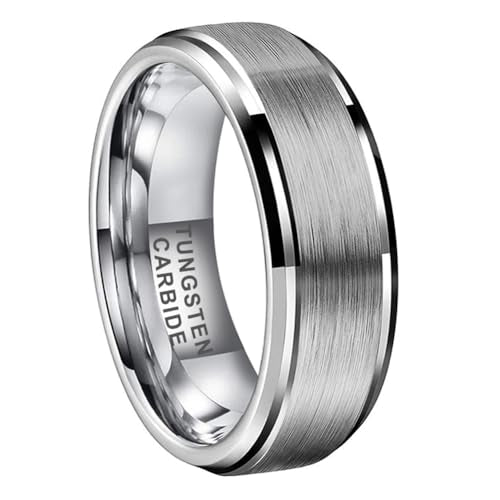 TUTISS 6mm 8mm Tungsten Rings for Men Women Fashion Engagement Wedding Bands Brushed Finish Stepped Beveled Edges Comfort Fit - color: 8mm Silver Tungsten
