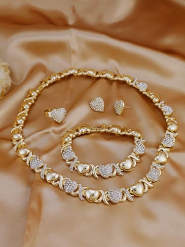Women's Gold wedding Jewelry Set Tricolor Hugs Kisses Heart necklace set - color: heart Gold 75