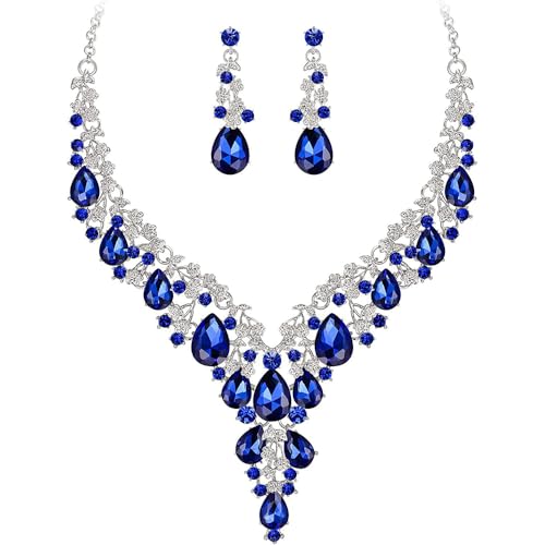Bridal Bridesmaid Austrian Crystal Jewelry Set, Floarl rhinestone Statement Neckace Teardrop Necklace Drop Dangle Earrings Set - color: Royal Blue -Silver Tone