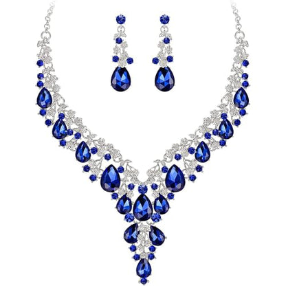 Bridal Bridesmaid Austrian Crystal Jewelry Set, Floarl rhinestone Statement Neckace Teardrop Necklace Drop Dangle Earrings Set - color: Royal Blue -Silver Tone