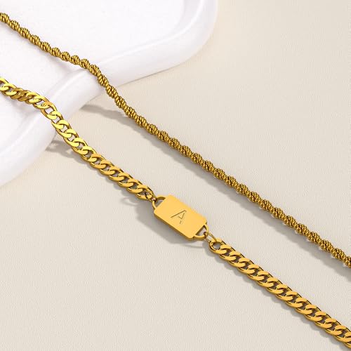 2PCS Initial Letter Stainless Steel Bracelet, A-Z Letter Pendant Silver Gold Black Cuban Rope Link Chain for Men Women Jewelry Set - color: Gold
