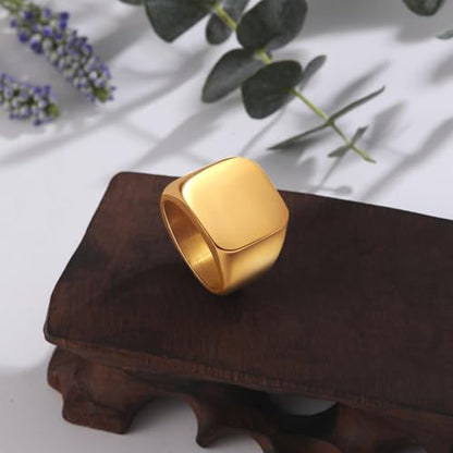 Men's Stainless Steel Square Biker Signet Ring, Black Silver Gold Styles | plain flat top, polished and brushed finish options, chunky profile, pinky or thumb styling, gift-ready for dad or him - color: Gold