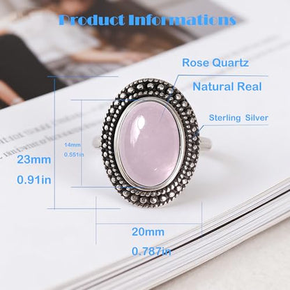 Retro Sterling Silver Stone Ring,Antique Natural Real Oval Crystal Quartz Gemstone Boho Bohemian Ring Jewelry for Women - color: A11_Rose Quartz