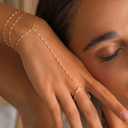 CHESKY 14K Gold Plated Hand Chain Bracelets for Women Stack Jewelry | Dainty Finger Ring Bracelet, Adjustable Hand Chains, Waterproof Beaded Gold Bracelets, Daily Body Jewelry Gift for Women - color: gold-lipsbracelet
