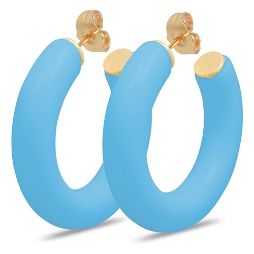 Gold Plated Multicolor Resin Chunky Thick Open Hoop Earrings in 57MM and 37.5MM Diameters - color: Blue - Bright - Matte Finish, size: 37.5MM (1.48") Diameter