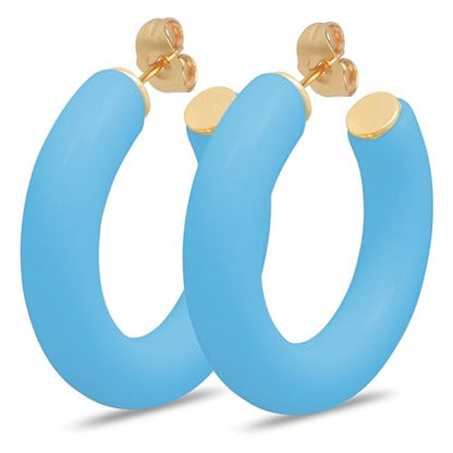 Gold Plated Multicolor Resin Chunky Thick Open Hoop Earrings in 57MM and 37.5MM Diameters - color: Blue - Bright - Matte Finish, size: 37.5MM (1.48") Diameter