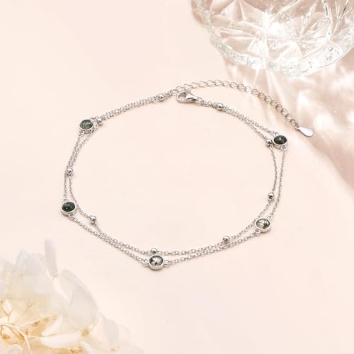 Flyow Anklet for Women S925 Sterling Silver Adjustable Foot Beaded Heart Charm Ankle Bracelet Anklets Jewelry - style: Agate