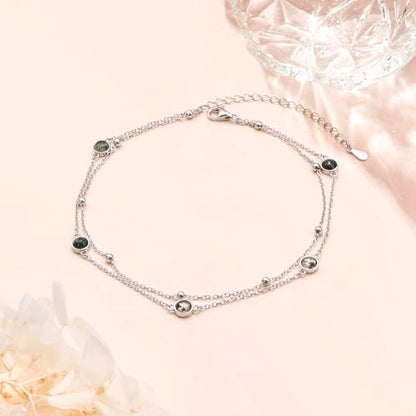 Flyow Anklet for Women S925 Sterling Silver Adjustable Foot Beaded Heart Charm Ankle Bracelet Anklets Jewelry - style: Agate