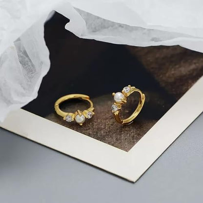 Gold Opal Huggie Earrings for Women, Minimalist Small Hoop Earrings with Zircons - color: gold B