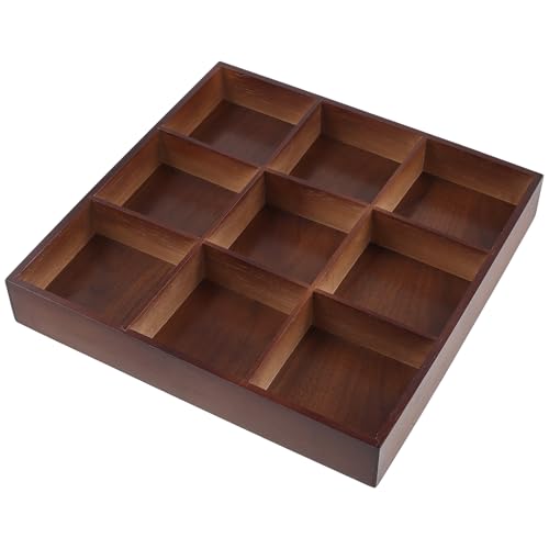 FUNSUEI 2 PCS Multi Compartment Wooden Tray, Divided Wooden Tray, Bamboo Serving Tray with 9 Sections, Wood Divided Snack Tray Storage Box for Appetizers, Jewelry, 12 x 12 x 1.85 Inch - size: 2 PCS 9 Sections