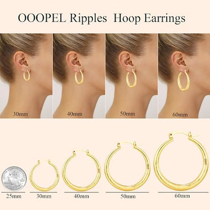 OOOPEL 925 Sterling Silver Hoop for Women Gold Hoop Earrings Hypoallergenic Diamond-Cut Ripples Designed - Non Tarnish Large Hoop Earrings(30/40/50/60/70mm) - color: Gold-50mm