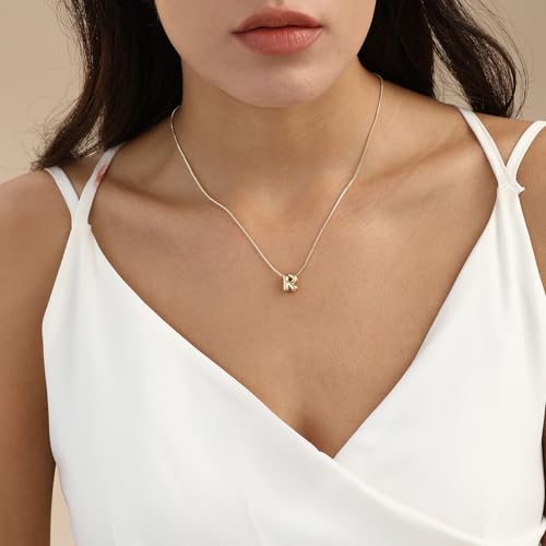 14K Gold Plated Bubble Letter Necklace, Tarnish Free and Waterproof Dainty Initial Necklace for Women, Trendy Personalized Gold Jewelry Gift for Her - color: Gold, style: R