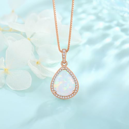 FJ Teardrop Pendant Necklace 925 Sterling Silver Birthstone Jewelry for Women - color: 10 October-Opal-Rose Gold
