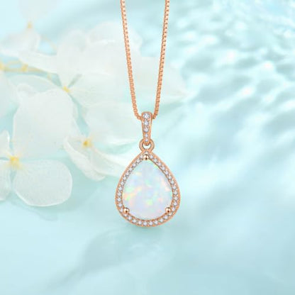 FJ Teardrop Pendant Necklace 925 Sterling Silver Birthstone Jewelry for Women - color: 10 October-Opal-Rose Gold