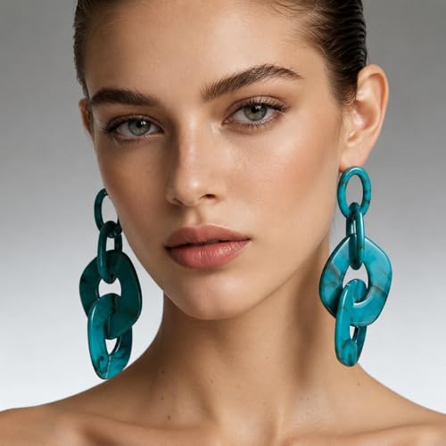 Turquoise Blue Acrylic Dangle Earrings for Women, Geometric Chunky Drop Earrings, Lightweight Statement Link Earrings, Modern Resin Fashion Jewelry