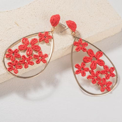 Boho Raffia Flower Teardrop Earrings Cute Colorful Dangle Trendy Jewelry | Floral Drop Statement Big Dangling Earring Hypoallergenic Gold Fun Unique Summer Spring Beach Vacation Outfits for Women - color: Red