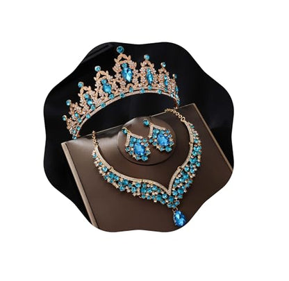 Crowns and Tiaras jewelry sets for Wedding princess birthday party Halloween Prom Pageant Jewelry for Women Crystal Bridal Jewelry Set for women - color: Golden lake blue