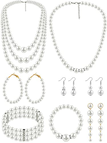 BBTO 8 Pcs Pearl Necklace and Earring Set for Women Faux Pearl Bracelet Costume Jewelry Set for Wedding Bridal Shower Party - style: Elegant Style