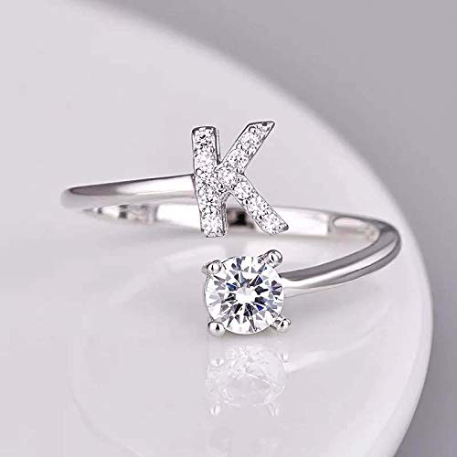 FUTIMELY Initial Letter Ring Alphabet Ring A-Z Silver Crystal Open Adjustable Personalized Initial Ring for Women - style: K