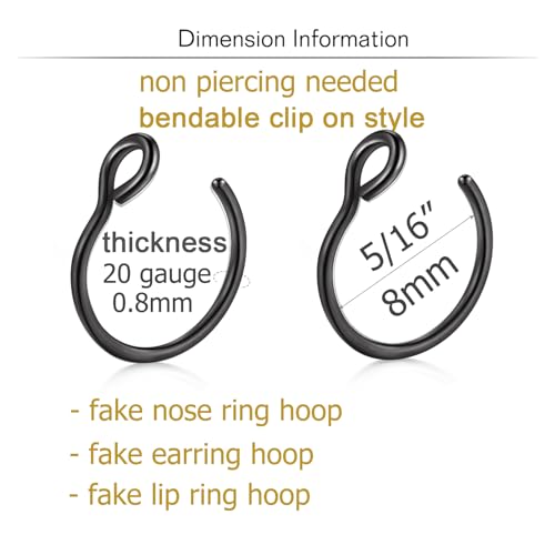 QWALIT Fake Nose Ring Fake Lip Piercing Fake Lip Ring Fake Nose Ring Hoop Fake Snake Bites Fake Lip Piercings Faux Lip Rings Fake Nose Piercing Clip on Nose Ring Spring - color: A5-spring + basic- black