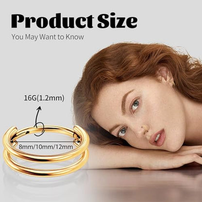 G23 Titanium Conch Piercing Jewelry Hoop: 16G 8mm/10mm/12mm Diamond Cartilage Earring Helix Double Piercing Hoop Septum Rings Hypoallergenic Nose Rings Hinged Segment Clicker Lip Rings Rook Daith Tragus Earrings - color: Gold-Double Layers