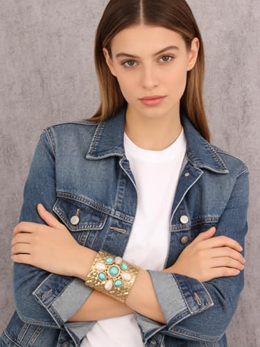 Gold Cuff Bracelet for Women Chunky Bracelet Statement Bracelet | Chunky Bangle Bracelets for Women Silver Beaded Open Bangle Stackable Stretch Bead Bracelet Boho Jewelry Gift for Wife Couple - style: Chunky Arm Cuffs