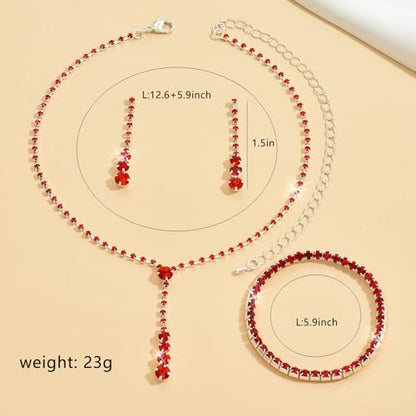 Gold Jewelry Set for Prom,Pearl Necklace Earrings Bracelet Crystal Bridal Wedding Prom Dresses Costume Jewelry Accessories Rhinestone Bridal Jewelry Set for Women - color: Red