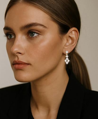 Lunvky 14K Gold Plated Dangle Earrings for Women Dainty Silver Drop Earring Trendy Long Dangling Wedding Bridesmaid Hoop Diamond Crystal Cute Earring Prom Jewelry Birthday Gifts - color: G-1 pair gold