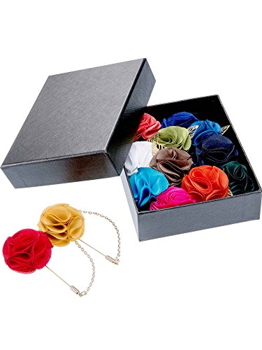 Shappy 15 Pcs Men's Satin Lapel Flower Pins with Metal Chain, Handmade Multi-color Boutonniere Pins with Gift Box for Career Suit Tuxedo of Shirts Tie Birthday Wedding Party Supply