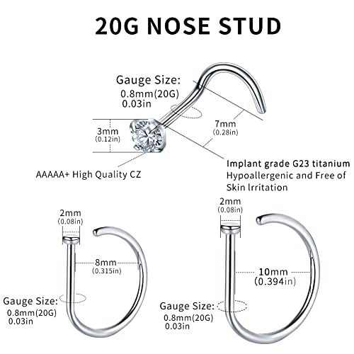 VOJO G23 Titanium 20G Nose Rings Hoops L Shaped Screw Nose Studs Diamond Small Piercing Jewelry for Women Men - color: 4 Screw Rings +2 Nose studs,20G