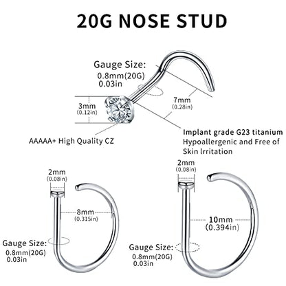 VOJO G23 Titanium 20G Nose Rings Hoops L Shaped Screw Nose Studs Diamond Small Piercing Jewelry for Women Men - color: 4 Screw Rings +2 Nose studs,20G