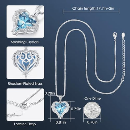 CDE Angel Wings Heart Birthstone Pendant Necklace Gift for Women | Silver/Gold Tone,Ideal Birthday & Anniversary Jewelry Gift for Wife,Girlfriend,Her - color: White-03-Aquamarine Light Blue Birthstone