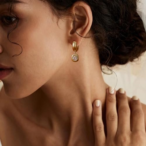SHERLOVE Chunky Statement Gold Dangle Earrings Women Bezel Cubic Zirconia | 14K Gold Plated Huggie Hoop Drop,Dainty Trendy Elegant Fancy Formal,Hypoallergenic Lightweight Non tarnish,Statement Jewelry - color: Chunky Dangle Round Gold