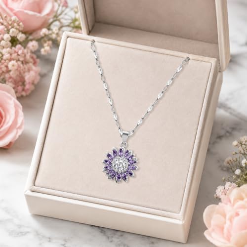 Sunflower Fidget Necklace for Women Gold Moon Necklace Rotating Heart Necklaces Spinning Crystal Flower Anxiety Necklaces Crescent Moons Jewelry Accessories - color: Silver Purple
