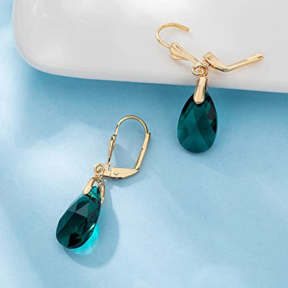 Austrian Crystal Teardrop Leverback Dangle Earrings for Women Fashion 14K Gold Plated Hypoallergenic Jewelry - color: Emerald
