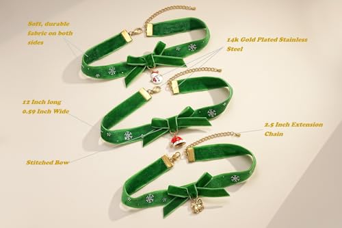 FOSIR Velvet Choker for Slender Neck, 14k Gold Plated Sainless Steel Heart/Snowman/Deer/Hat/Tree/Bell/Pendant Collar Necklace for Women, Adjustable Soft Skin-Friendly Velvet Jewelry Gifts - color: Green Choker-Bell