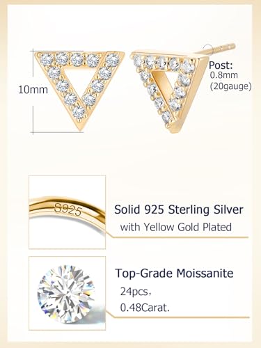 All Moissanites Sparkly Geometric Stud Earrings for Women, Solid 925 Sterling Silver with Rhodium/Gold Plated Hypoallergenic, Lightweight Comfy Earrings - color: Triangle - Yellow Gold