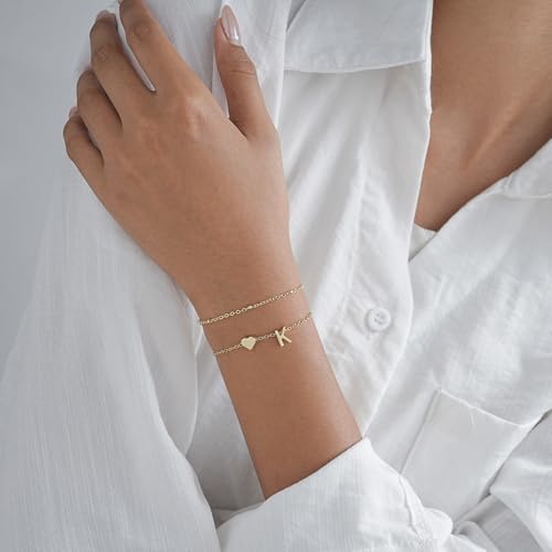 Gold Initial Bracelets for Women Trendy, Dainty Layered 14K Gold Plated Heart Letter Charm Bracelets, letter beads for name bracelets Jewelry Gifts - color: Gold-K