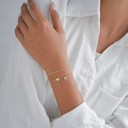 Gold Initial Bracelets for Women Trendy, Dainty Layered 14K Gold Plated Heart Letter Charm Bracelets, letter beads for name bracelets Jewelry Gifts - color: Gold-K
