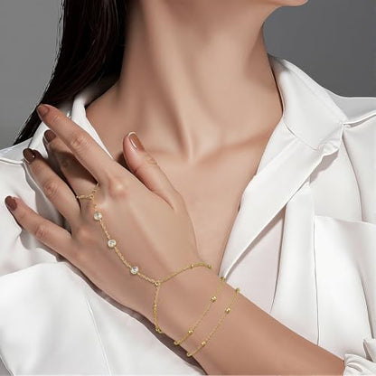 Emibele Gold Bracelets for Women, 18K Gold Plated Hand Chain, Cubic Zirconia Stainless Steel Non Tarnish Hand Chain Bracelet with Finger Ring, Adjustable Trendy Jewelry Valentines Day Gifts for Women - style: Gold Z